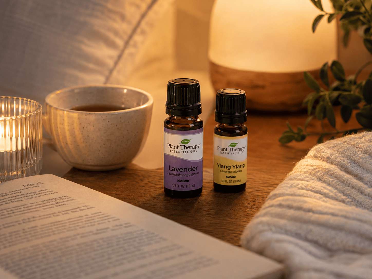 Esenciální oleje Levandule a Ylang Ylang Plant Therapy při večerní relaxaci